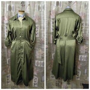 French Connection Midi Olive Green Silky Long Sleeve Dress w/Pockets Size Large